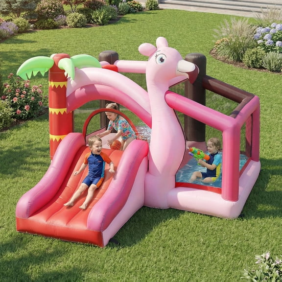 Qaba Inflatable Bounce House for Kids with Slide, Ball Pool and Basketball Hoop, 4-in-1 Jumping Bouncy Castle with Blower for Indoor Outdoor, Pink