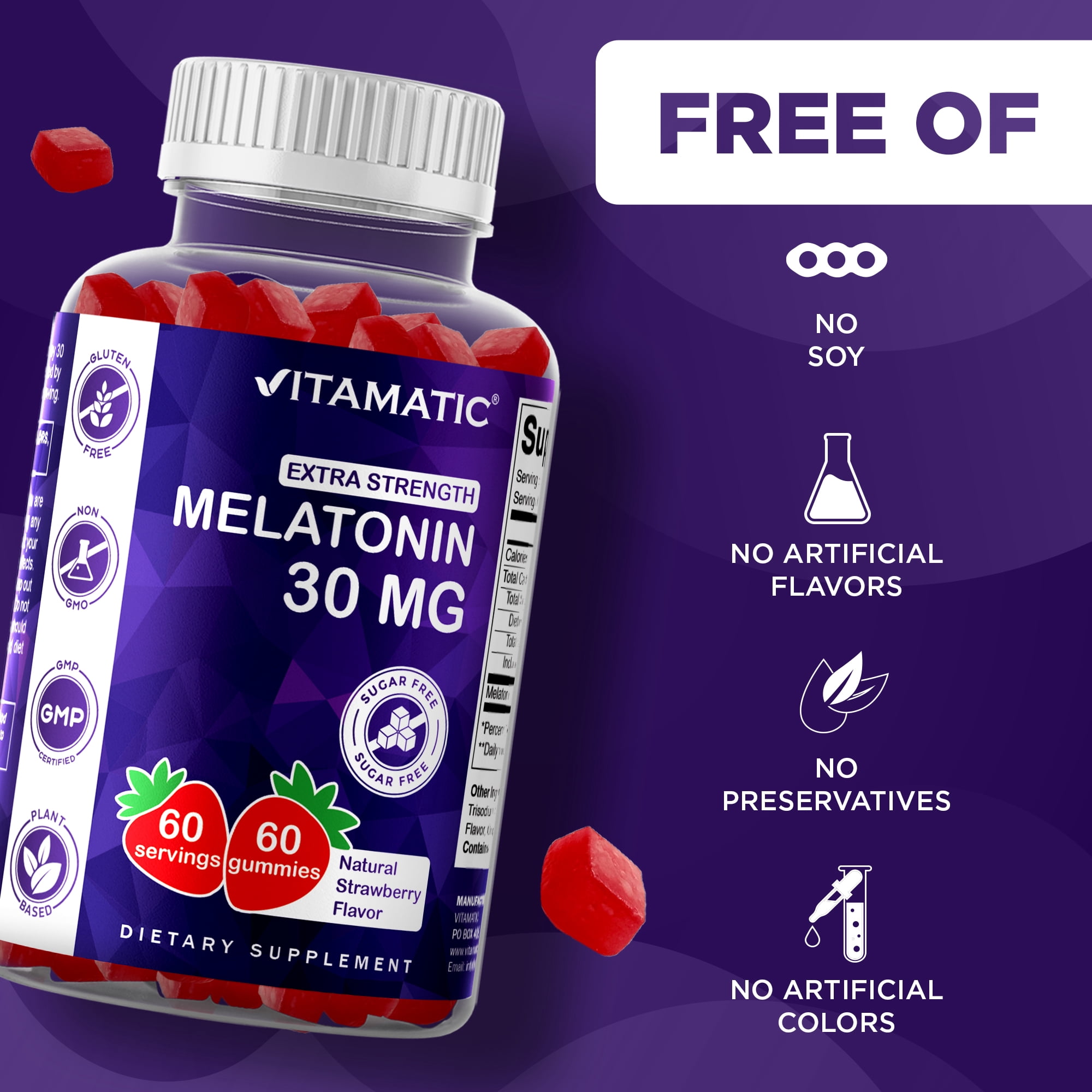 (2 pack) Vitamatic Sugar Free Melatonin 30mg per Gummy - 60 Servings - 60 Vegetarian Gummies - Non-Habit Forming Supplement