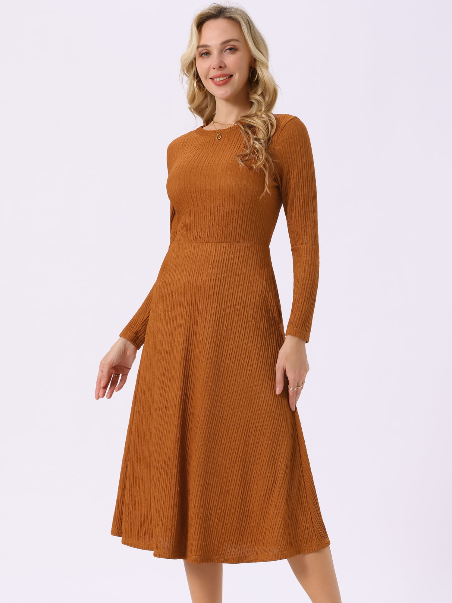 DARING DIVA Long Sleeve Crew Neck Knit A-Line Midi Dress S Caramel