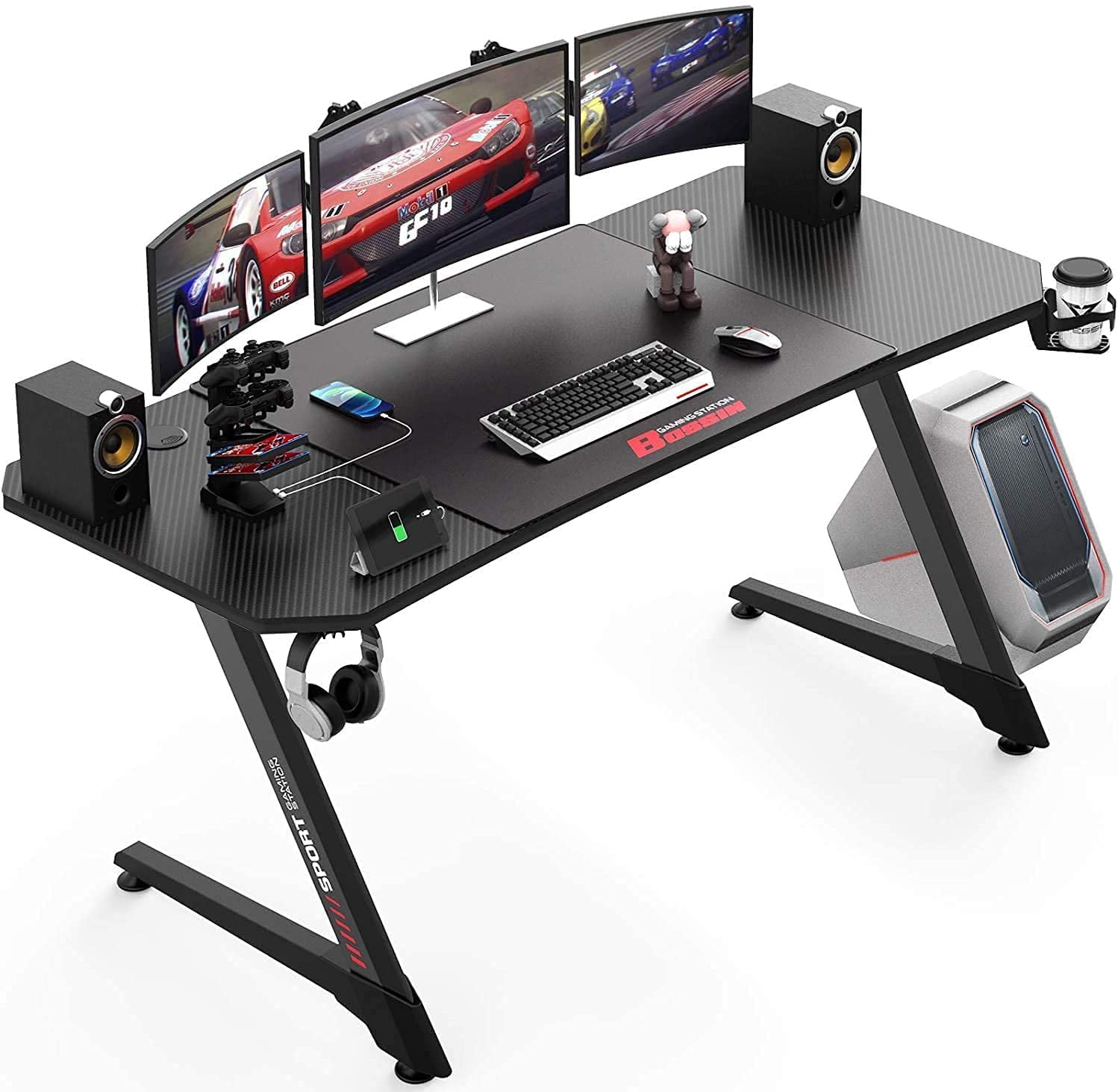 Ergonomic Gaming Desk Computer Office Gamer Table with Cup Holder Headphone Hook 