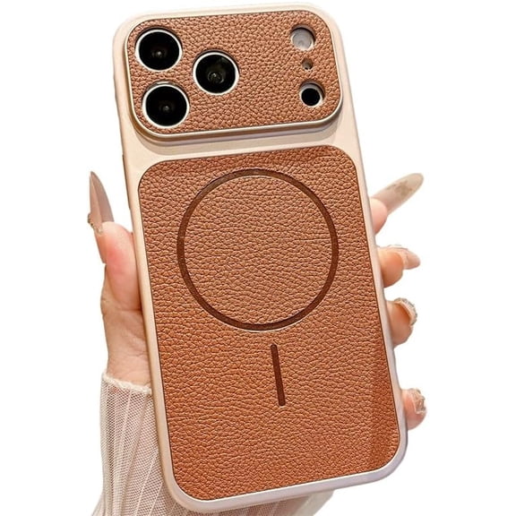 Litchi Pattern Leather Back Camera Protect Magnetic Phone Case for iPhone, Compatible with (Brown,iPhone 13)
