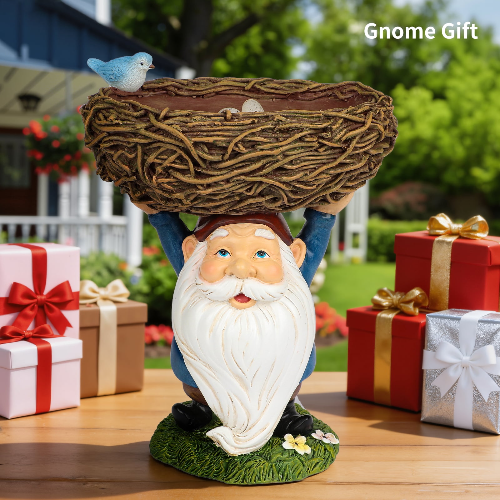 DAK Solar Garden Gnome Statue with Bird Feeder & LED Light, 9" Resin Outdoor Gnome with Nest Bowl, Waterproof UV Resistant