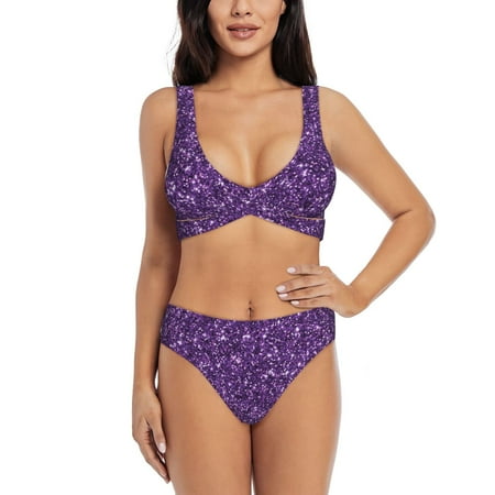 Zeuib Purple Glitter High Waisted Tummy Control Bikini Set - Knot Front Push Up Top & Cheeky Thong Bottom  Two-Piece Swimsuit for Women-Large