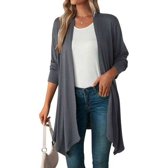 Xuanfei Women Solid Color Open Front Long Sleeve Irregular Long Cardigan