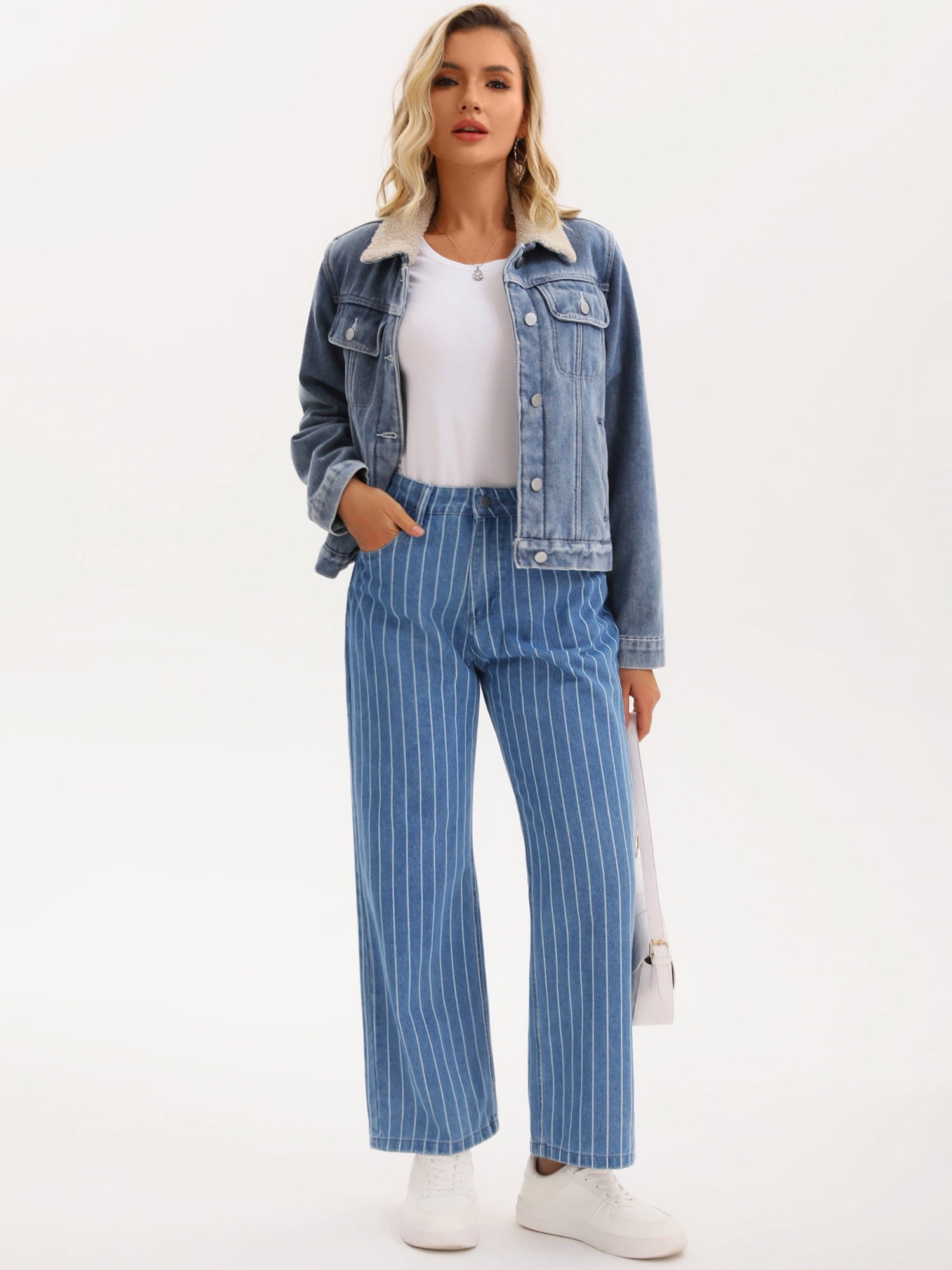 DARING DIVA Women's Striped High Rise Zipper Straight Leg Denim Pants S Blue