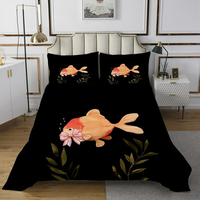 Erosebridal Gold Fish Coverlet Set Twin, Plant Print Bedding Set, Cartoon Bow Decor 2 Pieces