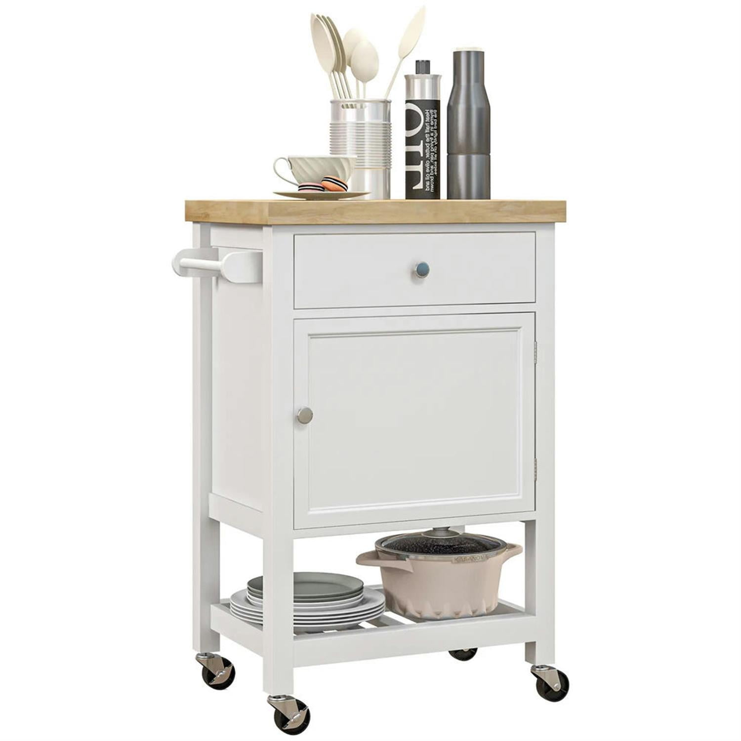 Demi Bonn Kitchen Island Cart on Wheels with Storage, Rolling Dining Room Serving Utility Carts Mobile Movable with Rubberwood Top and Drawer, White