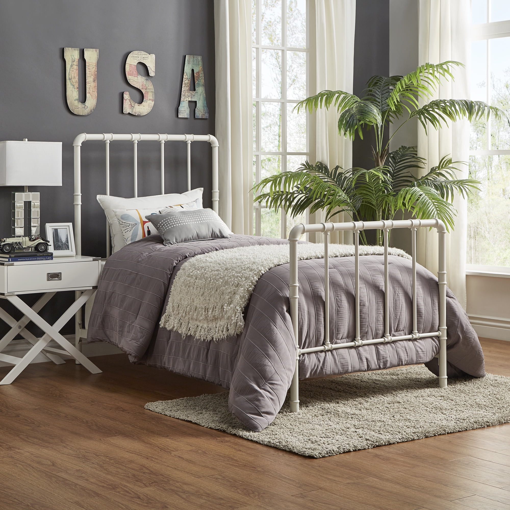 Weston Home Industrial Style Pipe Metal Twin Bed, Antique White