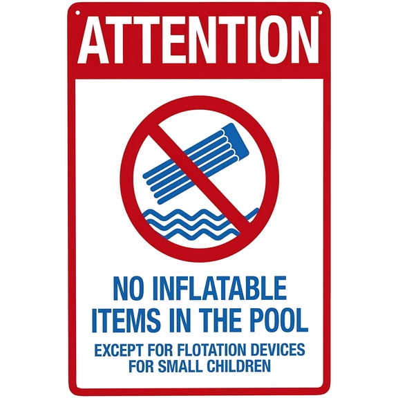 Attention No Inflatable Items Pool - 8"x12" Retro Aluminum Tin Sign, Vintage Style, Funny Pool Wall Decor