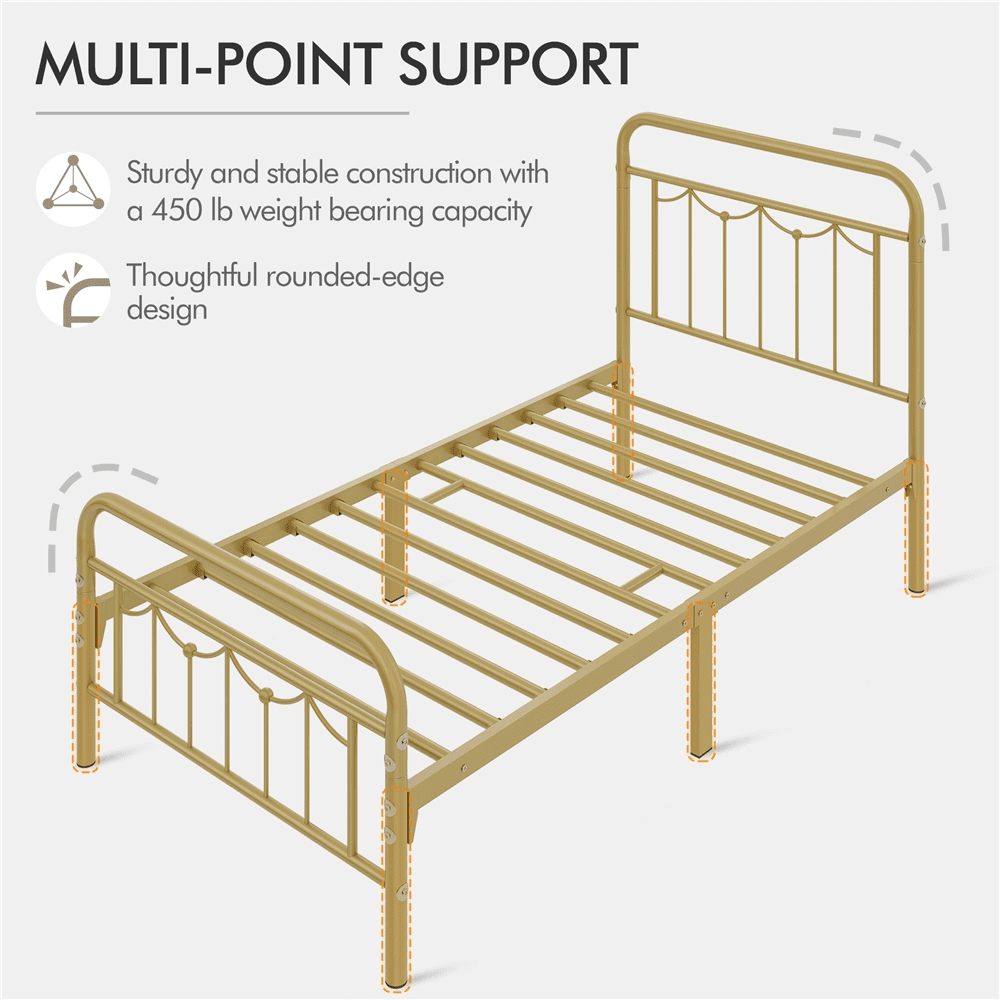 SmileMart Archie Metal Platform Twin Bed with Vintage Headboard and Footboard, Antique Gold