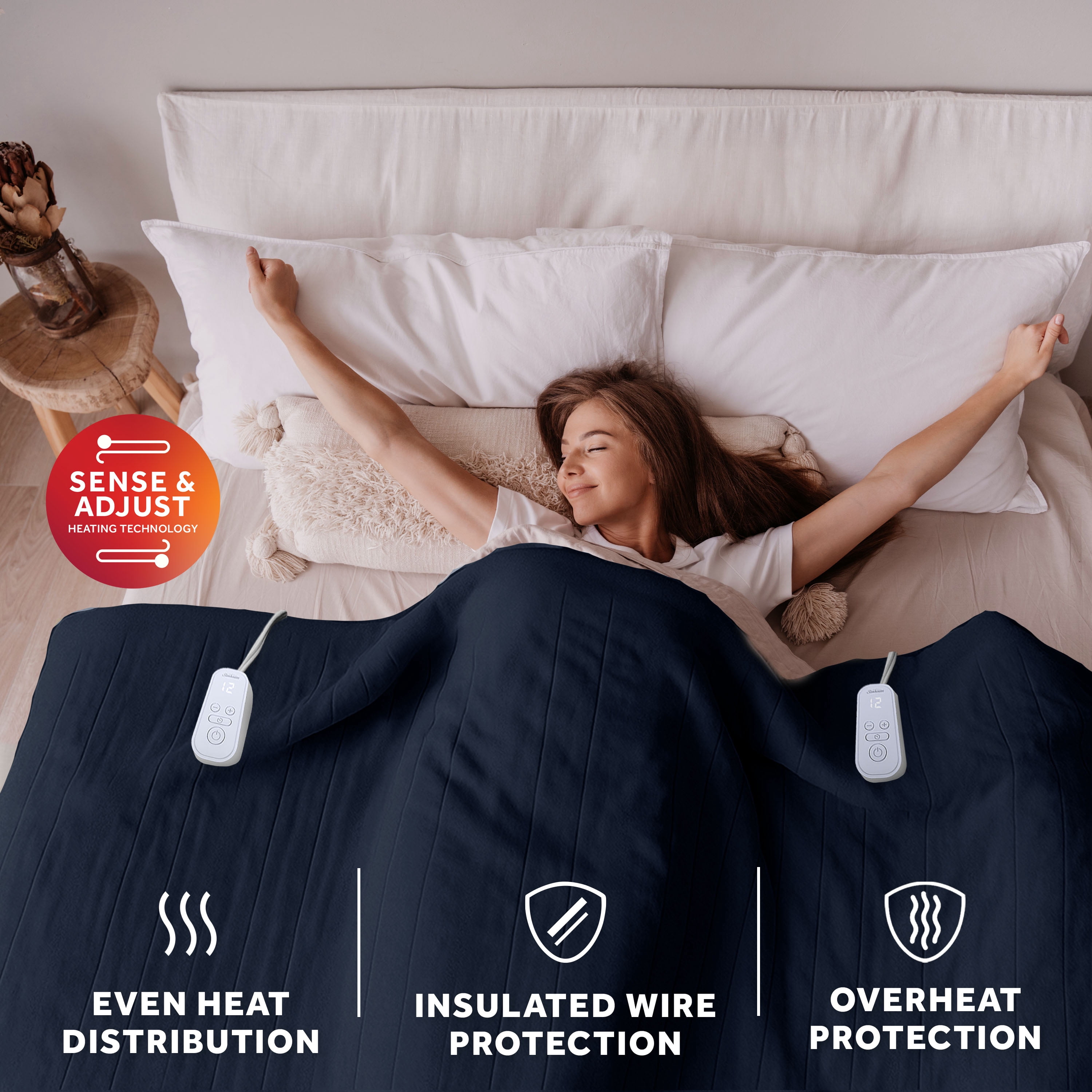 Sunbeam Heated Electric Microplush Bed Blanket, Poseidon Navy, Queen Size, 12 Heat Settings, 90 x 84 in