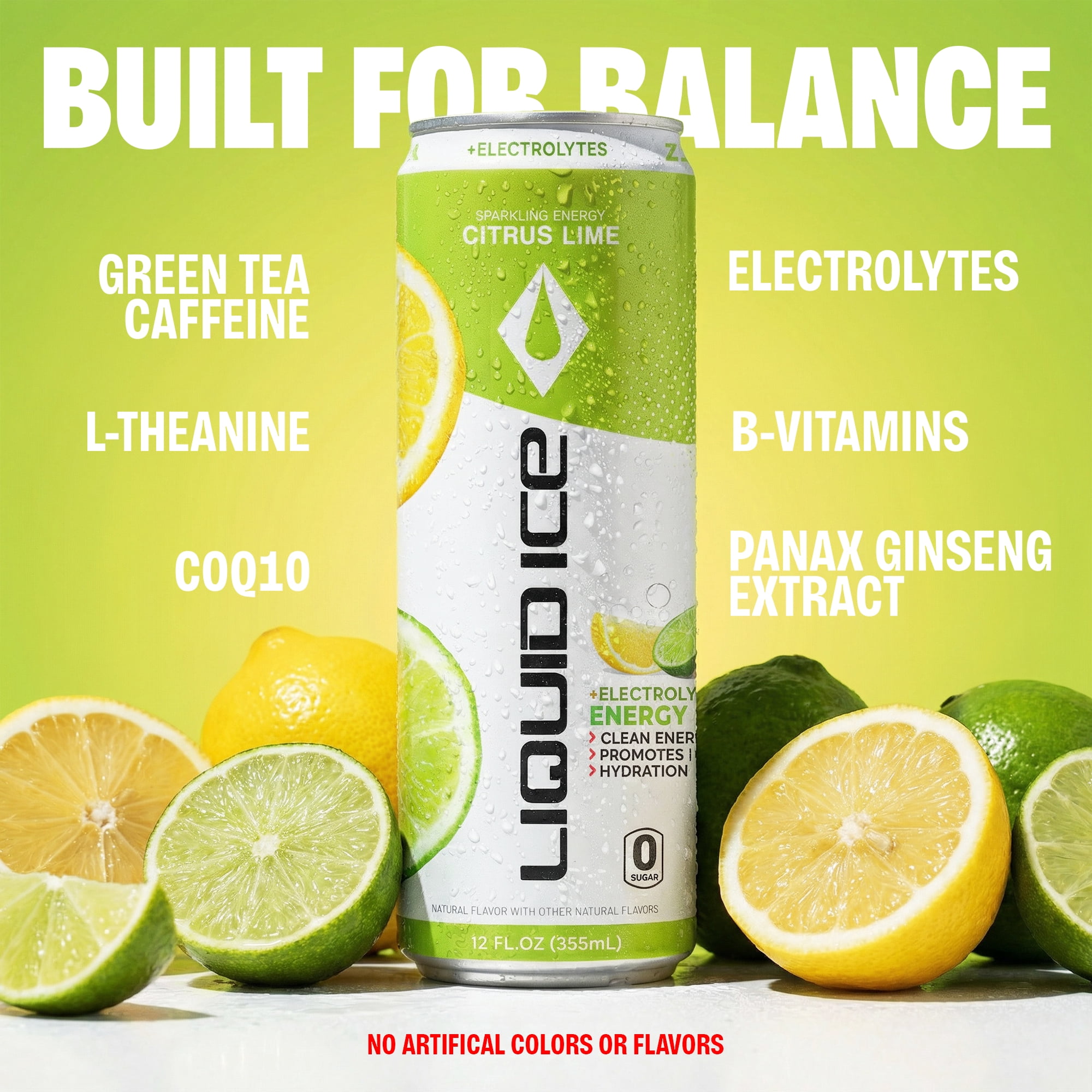 Liquid Ice Energy Drink, Zero Sugar, Citrus Lime 12 Fl Oz 12 Pack, Electrolytes, Clean Energy, 120mg Natural Caffeine, L-Theanine, Green Tea Extract, CoQ10, Antioxidant Support