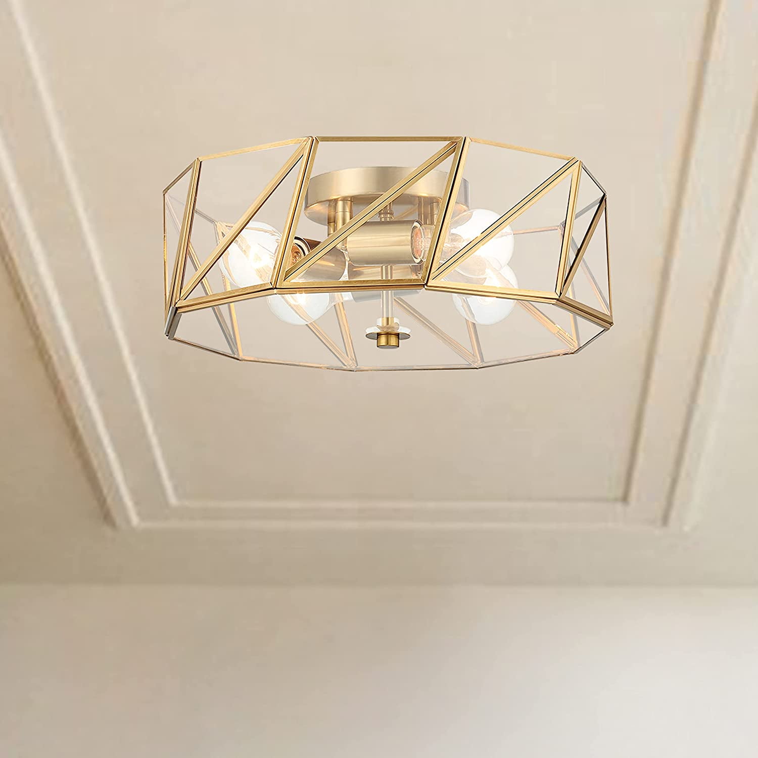 Gold and Glass Geometric Drum LED Flush Mount
