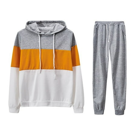 BYOIMUD Women s Trendy Tops and Pants Two-piece Sport Set Savings Striped Color Block Sweatpants for Jogging Long Sleeve Drawstring Sweatshirt with Hooded Neck Plus Size Fashion 2023 Yellow S