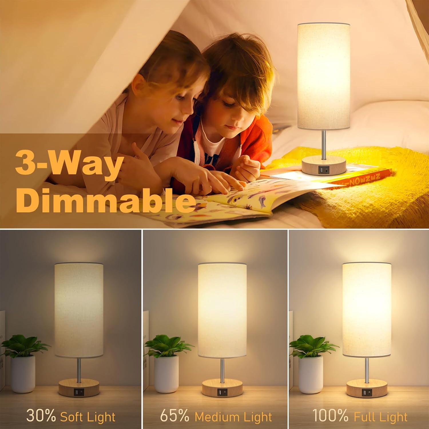 Behome Table Lamp, Bedside Small Lamps with 3 Way Dimmable, Lamp for Nightstand, Desk Lamp for Living Room, Dorm, Home Office (LED Bulb Included)