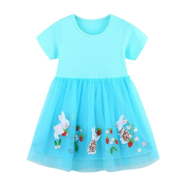 Odeerbi Vestido de Tul Con Bordado de Conejo Para Niñas Vestido de Algodón de Verano En Línea A Vestido de Manga Corta de Punto Para Niños