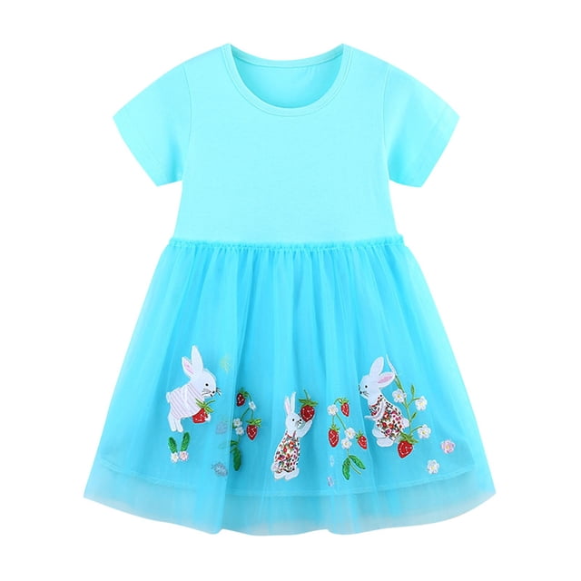 Odeerbi Vestido de Tul Con Bordado de Conejo Para Niñas Vestido de Algodón de Verano En Línea A Vestido de Manga Corta de Punto Para Niños