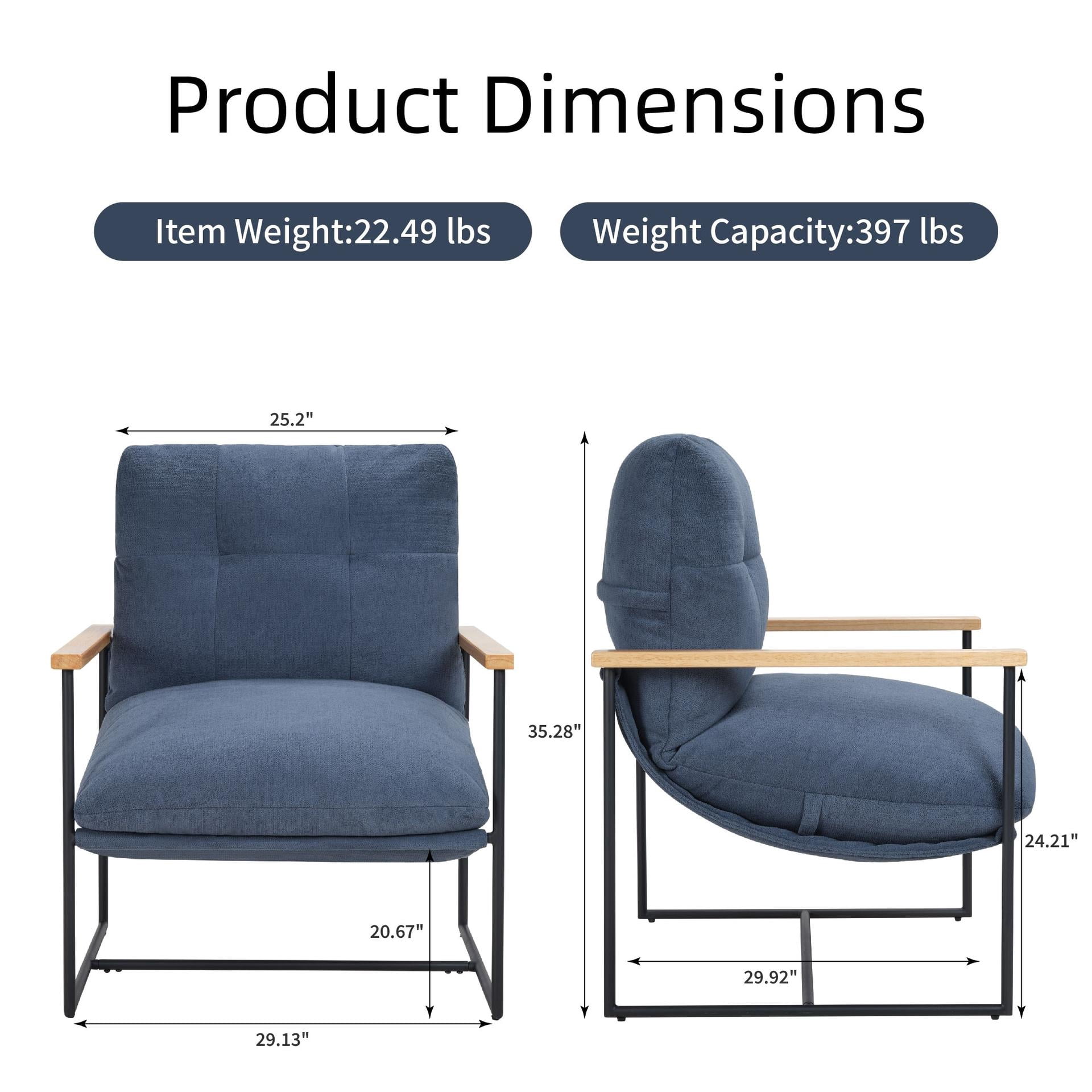 Modern Accent Chair, Removable Cushion Vanity Chair with Solid Wood Armrests, Comfy Upholstered Chair for Living Room, Bedroom, Home Office, Blue