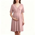 thumbnail image 7 of Women Maternity Solid Dress Summer Short Sleeve V-Neck Pleated Waist Dress Casual Breathable Pregnancy Clothes Pink XXL, 7 of 7
