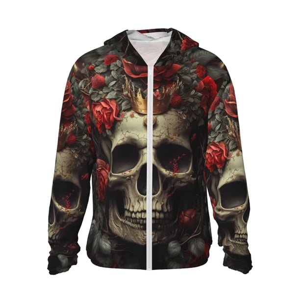 Fotbe Classical Rose Crown Skull Chaqueta con Protección Solar UPF 50+ para Hombre y Mujer, Camisa con Capucha y Bolsillos-Large