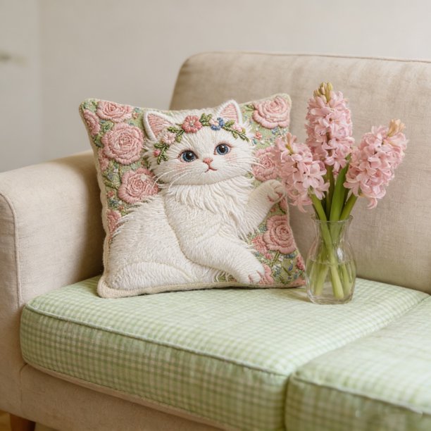 CaiYueKe Cute Cat Embroidery Pillow Cover - Flocked Velvet Decorative Throw Cushion Sofa Bedroom Living Room Accent Pillowcase, Faux Embroidery Animal Pattern Home Decor Gift for Women
