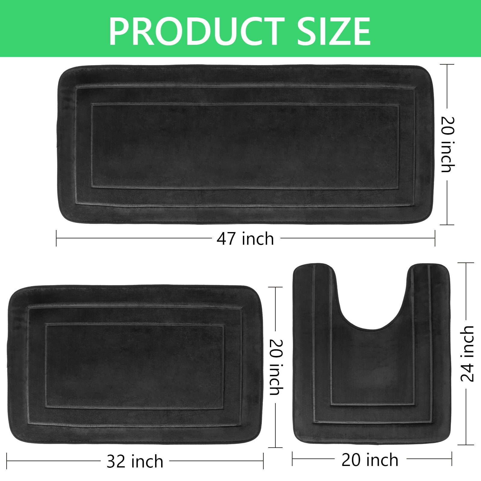Tripumer 3 Pcs Large Memory Foam Bath Mat Set Bathroom Rugs Set U Shape Mats for Bath Floor Black