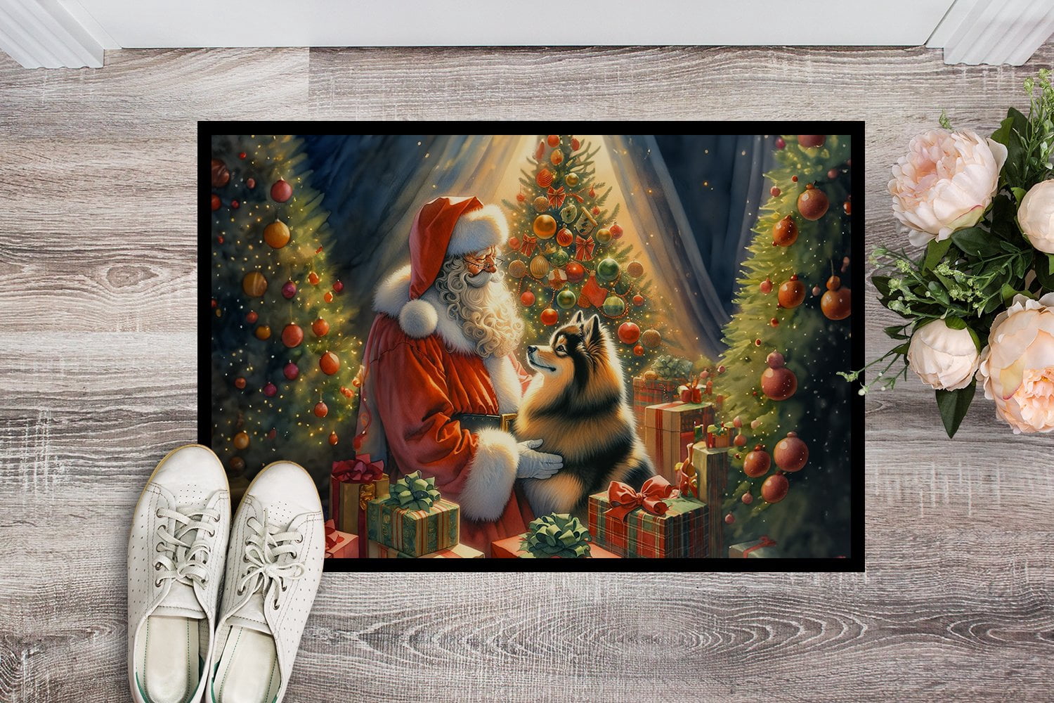 Caroline's Treasures DAC4109MAT Finnish Spitz and Santa Claus Doormat Front Door Mat Indoor Outdoor Rugs for Entryway, Non Slip Washable Low Pile, 18H X 27W