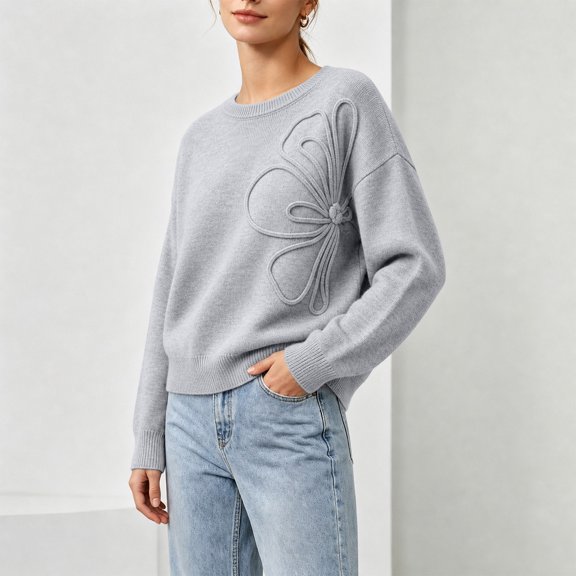 ClodeEU Women's Crew Neck Long Sleeve Bow Knit Sweater,Casual Loose Solid Color Pullover Tops ,Women's Plus L