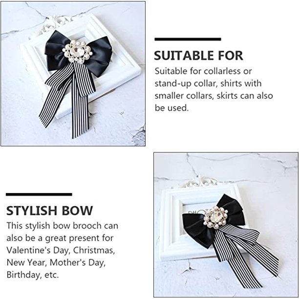 nipocaio Big Bow Tie Ribbon Brooch Crystal Ladies Girl Bowknot Bow Tie Suit  Collar for Women Uniform (Black White) 