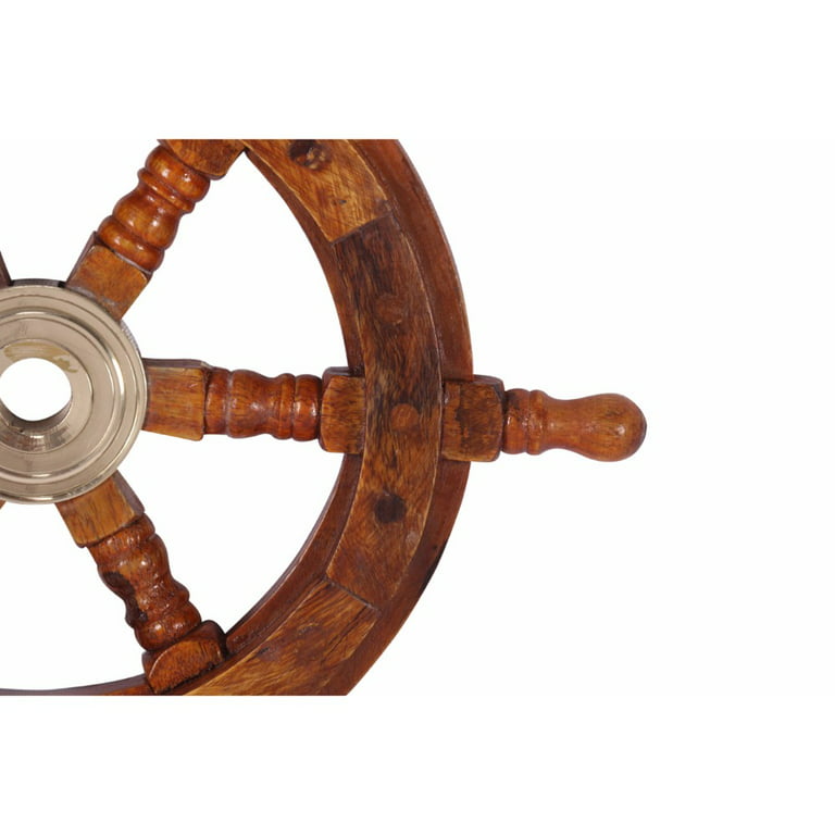 Benzara ShipWheel 18 Teak Wood Ship Wheel with Brass Inset and Six Spokes,  Brown and Gold