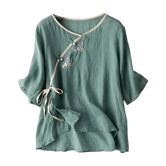 Short Sleeve Shirts for Women Embroidered Round Neck Blouse with Relaxed Fit Womens Summer Tops