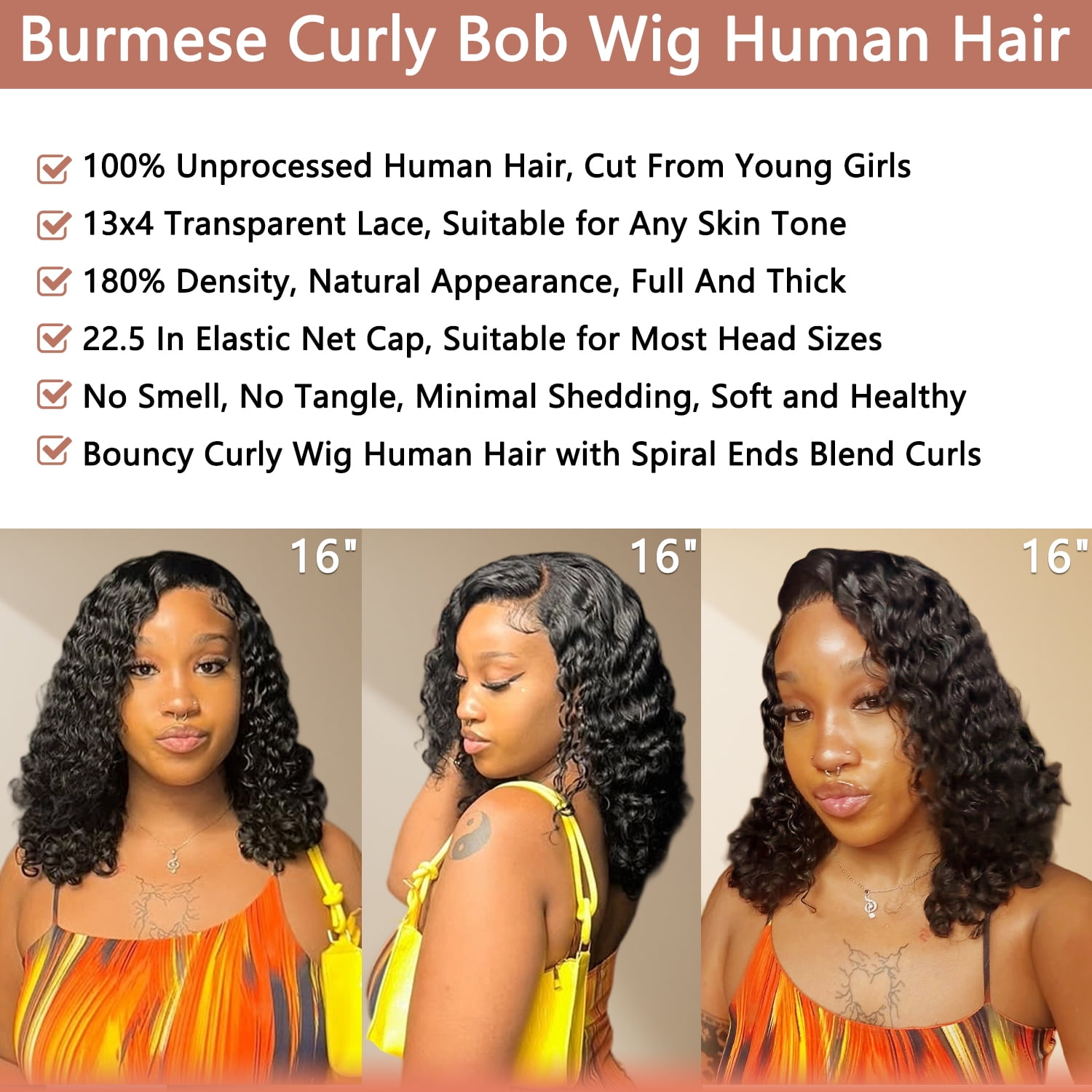 UREMY Bouncy Curly Wig Human Hair with Spiral End, 13x4 Lace Frontal Burmese Curly Bob Wigs, Water Wave Brazilian Pre Plucked Wigs for Black Women Natural Color 16 Inch
