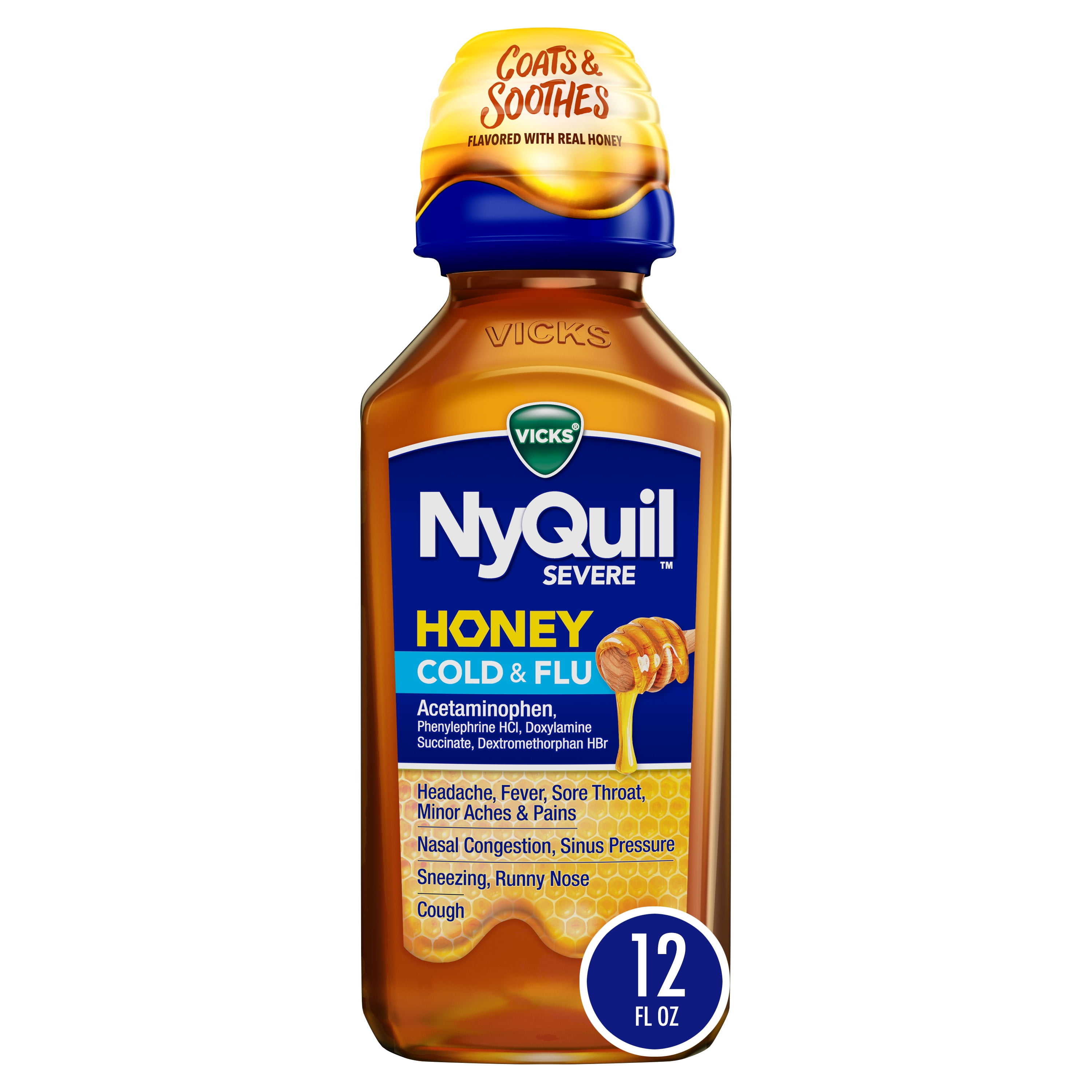 Vicks NyQuil Severe Honey Cold, Cough and Flu Liquid Medicine, 12 fl oz