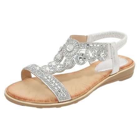 

PEASKJP Woman Sandals Womens Summer Beach Rhinestone Flat Dress Sandals Comfortable Gladiator Bohemia Slip On Flat Sandals Shoes (Silver 36)