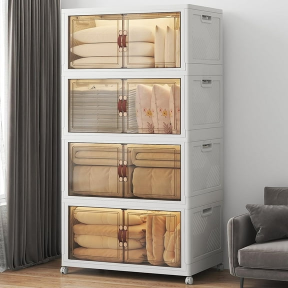 VNVTO 672Qt Stackable Storage Bins with Lids, 4 Pack Large Collapsible Bins with Wheels, Plastic Cabinet with Doors, Foldable Closet Organizers and Storage for Home, Dorm, Office, White