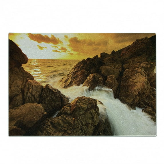 Beach Cutting Board, Sunset and Waves over Tropical Wild Rocks on Beach Heaven Nature Summer Calm Print, Decorative Tempered Glass Cutting and Serving Board, Small Size, Orange Grey, by Ambesonne