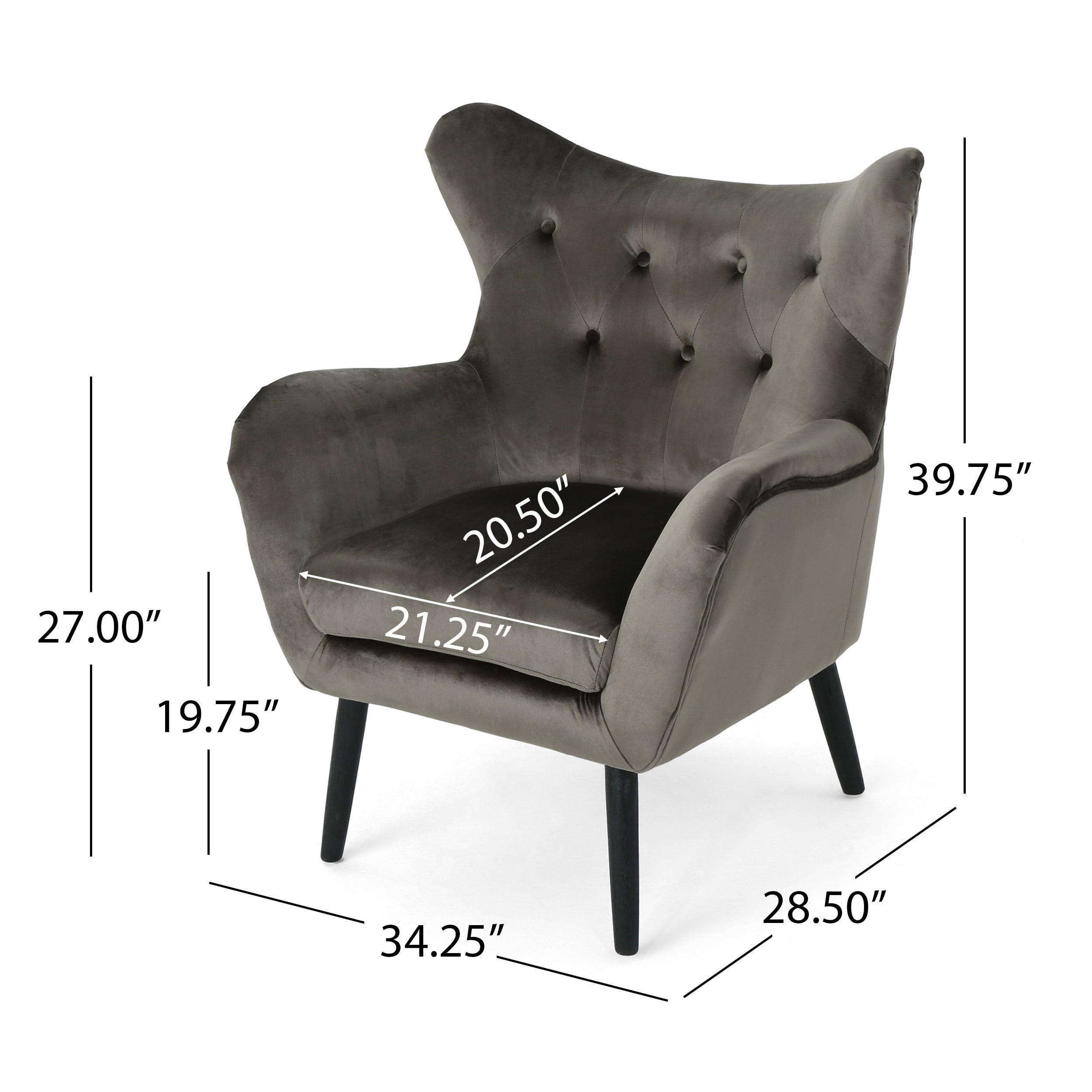 Noble House Ochoa Mid Century Modern Velvet Armchair in Grey with Oak Wood Legs