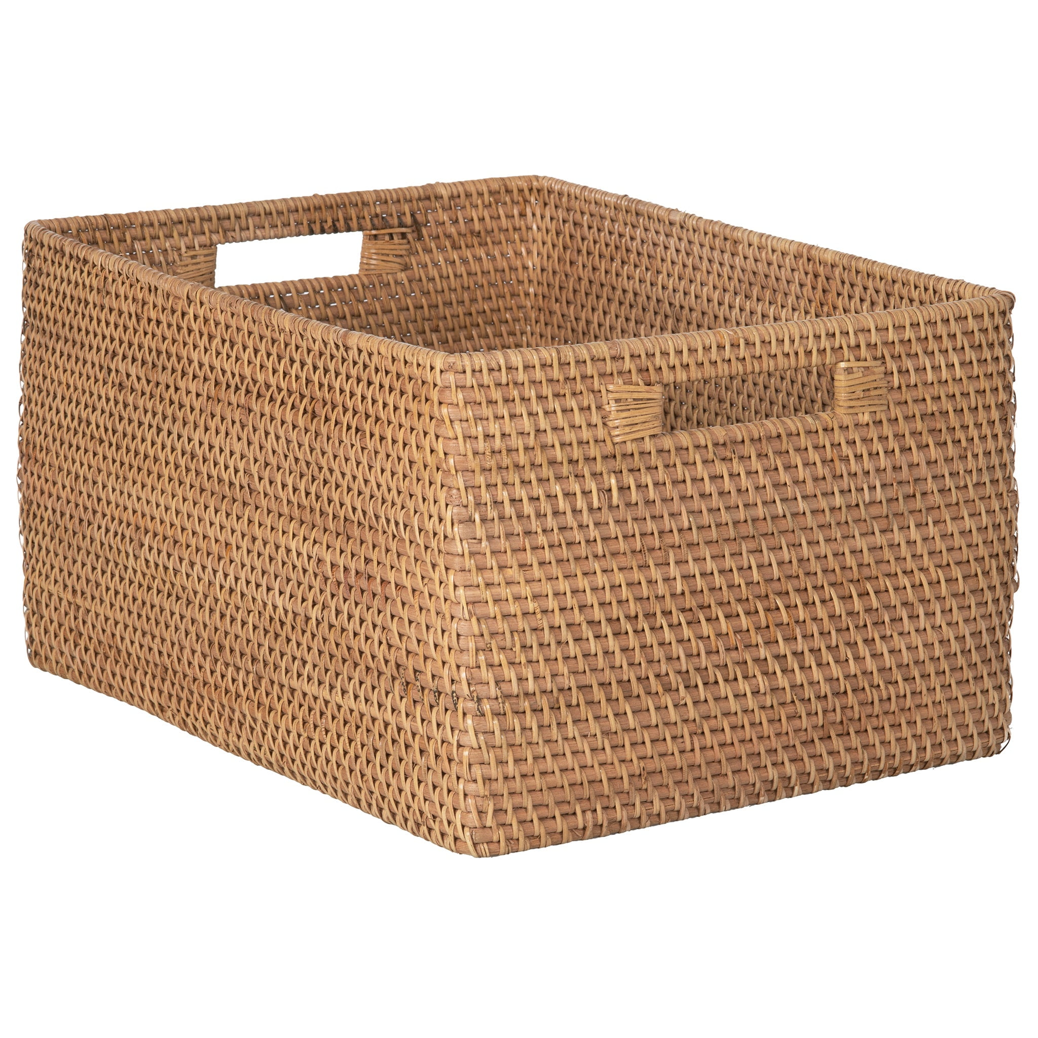 Kouboo Loma Rectangular Decorative Rattan Storage Basket With Handles, Coastal-Inspired Handwoven, Home Organization, Black Antique, Latte