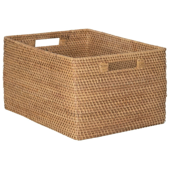 Kouboo Loma Rectangular Decorative Rattan Storage Basket With Handles, Coastal-Inspired Handwoven, Home Organization, Honey Brown