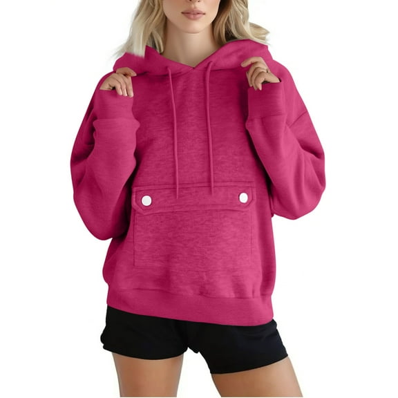 EchfiProm Women Sweatshirt Hooded Pullover Hot Pink Solid Color Loose Long Sleeve Fanshion Hoodie with Pocket