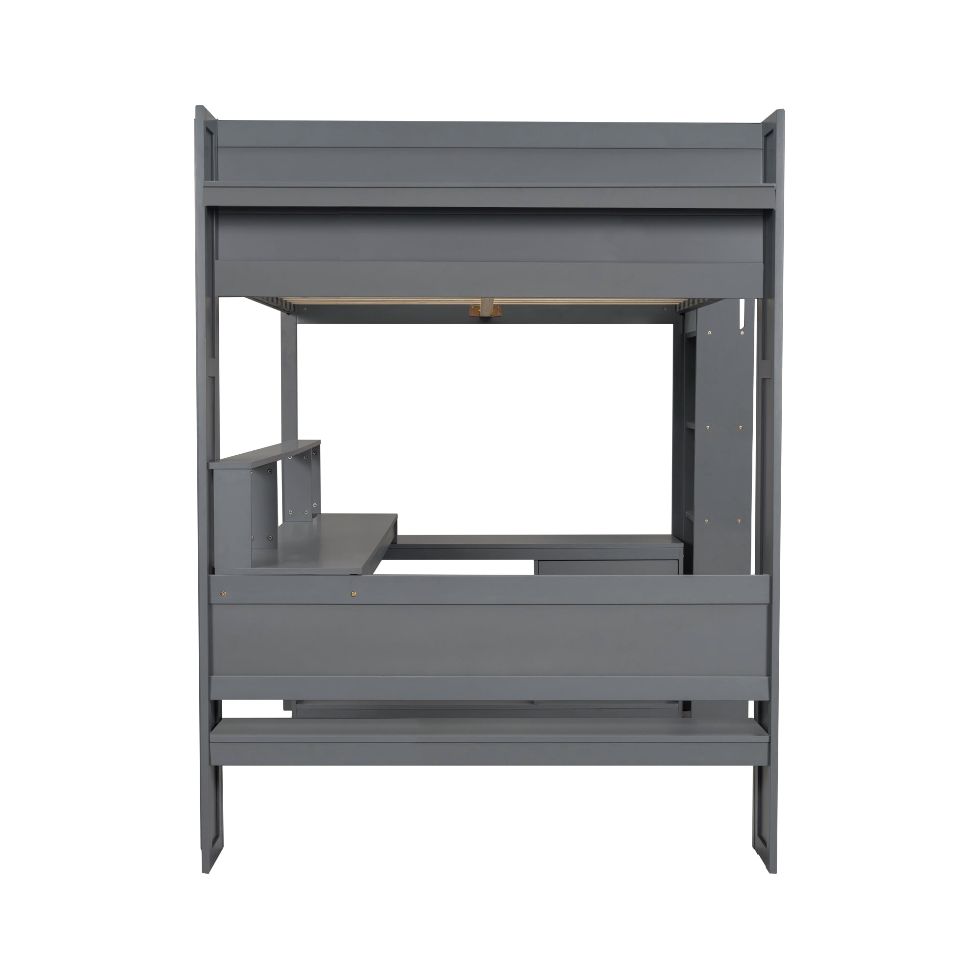 Euroco Wood Full Size Loft Bed Frame, Gaming Bed with Desk and Shelves, USB Charging Station and LED Light for Kids Teens, Dark Gray