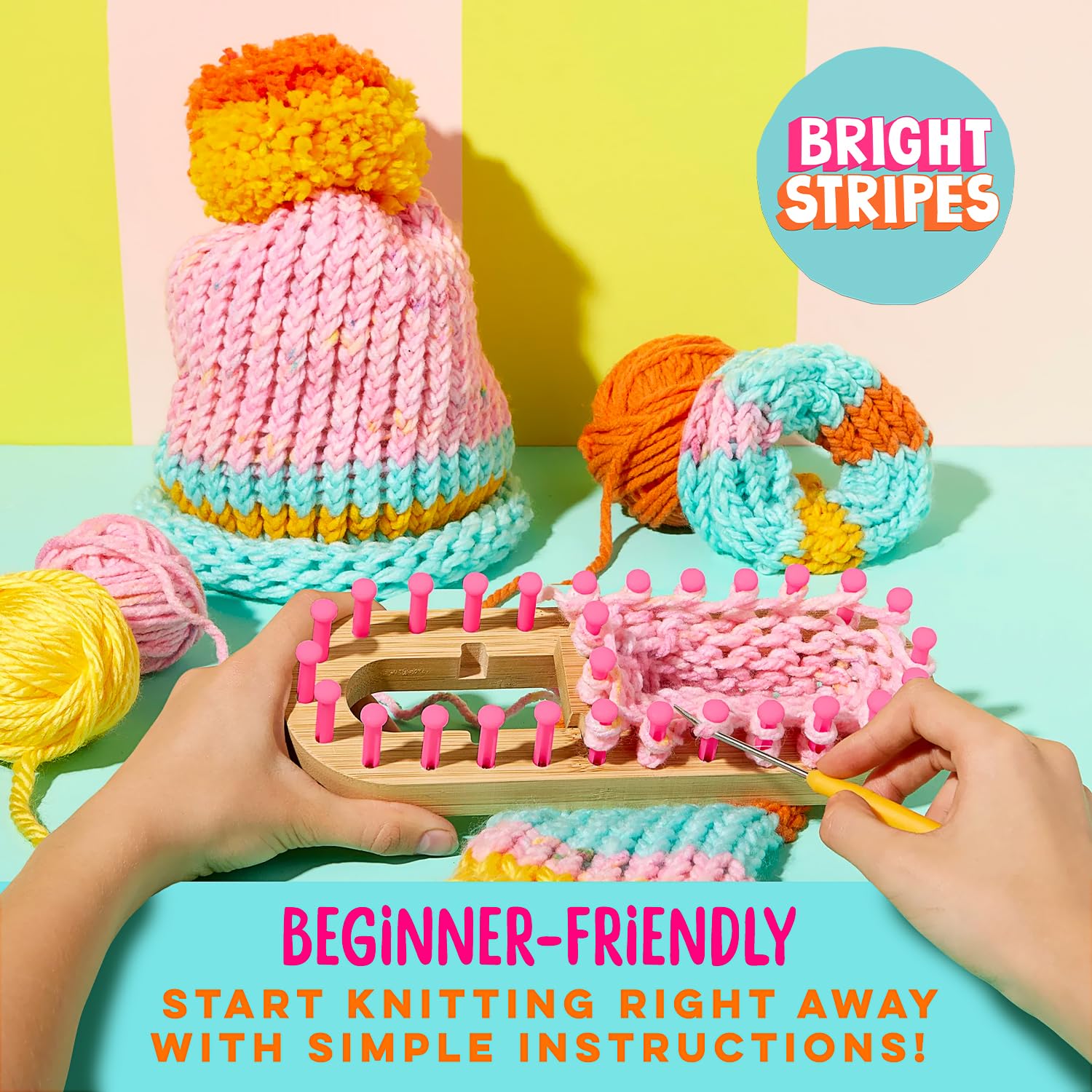 Bright Stripes Nimble Knitter Kit| 4-in-1 Adjustable Bamboo Loom with Chunky Yarn & Guide| DIY Craft Set to Make Scrunchies, Hats, Bags & More| Great for All Ages