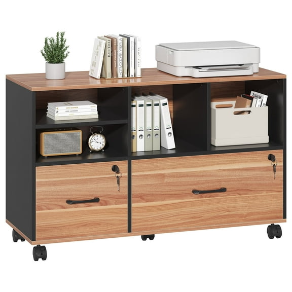 Semoic 2 Drawer File Cabinet for Home Office, Lockable Rolling Filing Cabinet with Adjustable Shelves, Wood Lateral File Cabinet with Lock, Printer Stand Office Storage Cabinet, Rustic Brown & Black