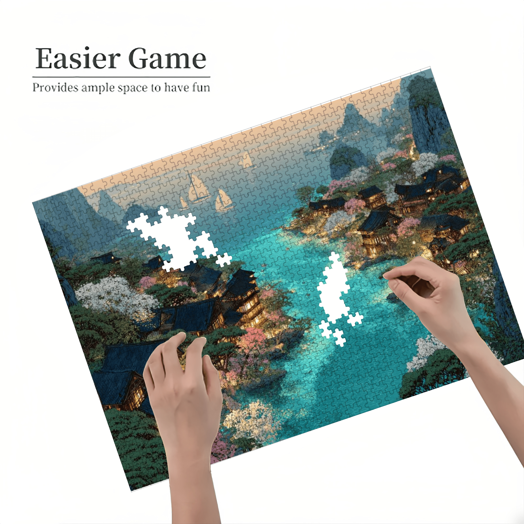 A Box of (1000pcs) Adult Puzzles, with Yanshui Ancient Residence Design, High Difficulty, Suitable for Adults, Family Entertainment. 29.4*19.6 in
