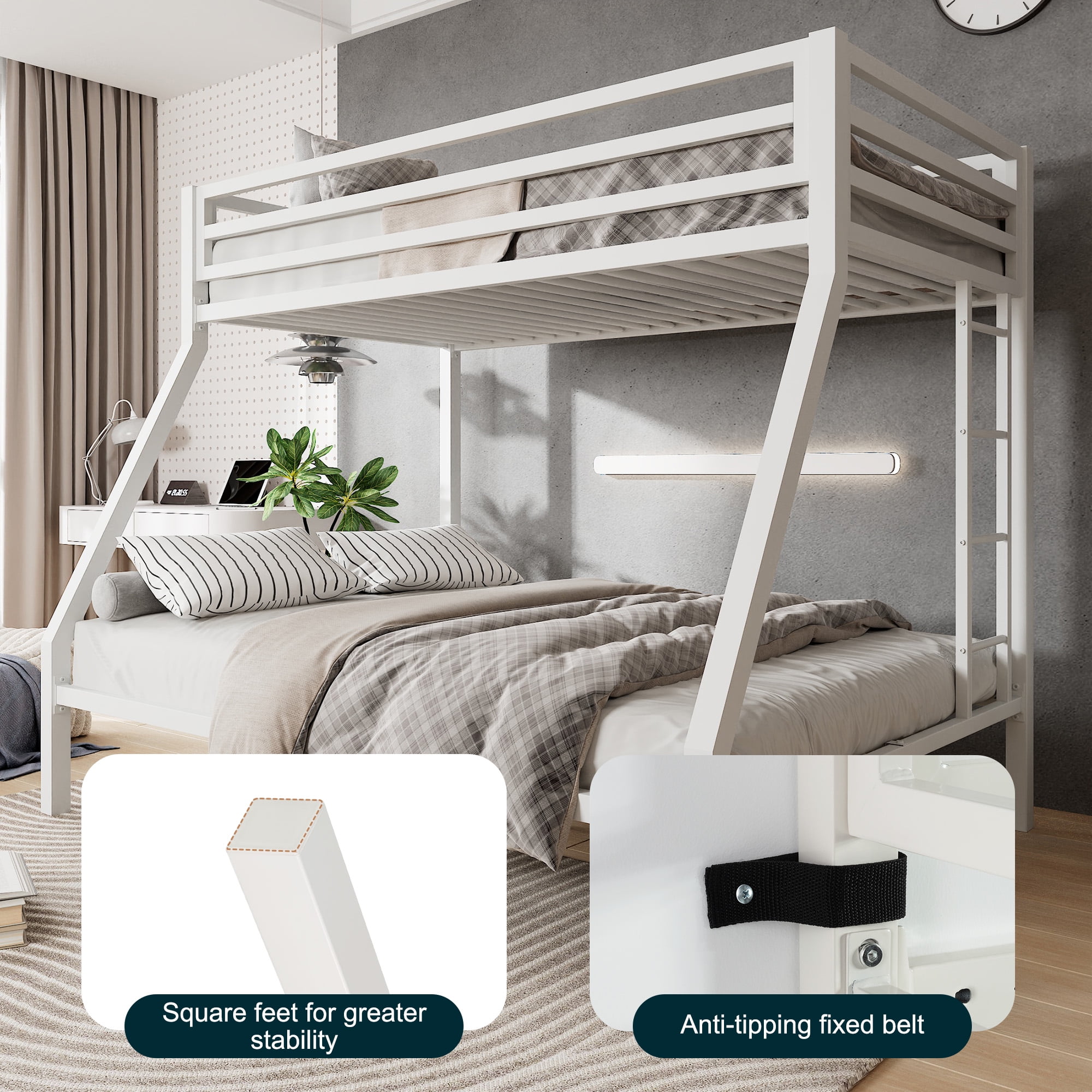 Amolife Twin over Full Size Metal Bunk Bed with Removable Ladder, Full-Length Guardrail, White