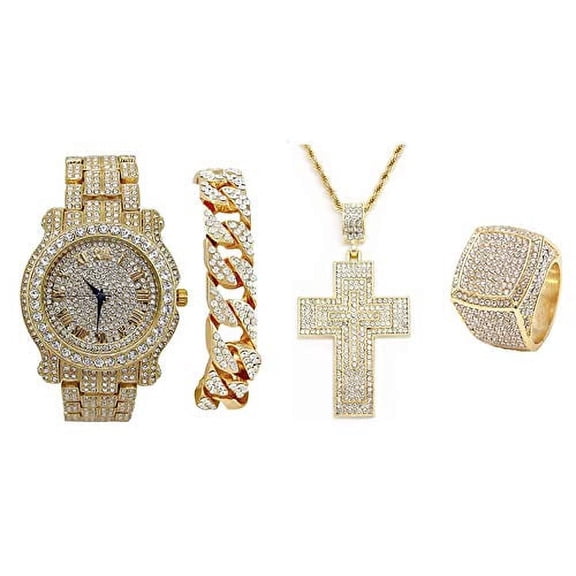 Charles Raymond Blinged Out Hip Hop Cross Pendant - Iced out Luxury Watch Covered w/Crystal Clear Rhinestones - Iced Cuban Bracelet & Bling Ring Set - (8, Gld L0504 3D Cross 4pc Set)