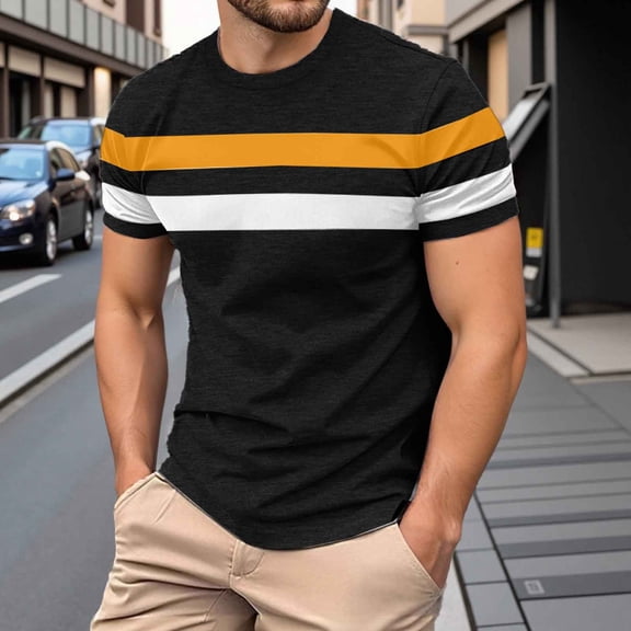 Mens Shirts Stripe Short Sleeve Crew Neck Casual Loose Fitting Color Block Summer Casual Black T Shirts for Man