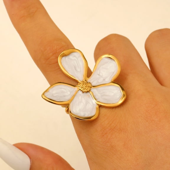 SmartBy Finger Ring Five-Petal Flower Shape Open Adjustable Fit Women Ring Handcrafted Drip Glaze Enamel Metal Outline Middle Finger Band