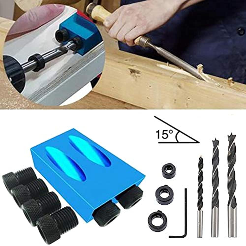 Dowel Drill Set Carpenters Wood Joint Tool kit 14pcs 15° Pocket Hole Screw Jig 