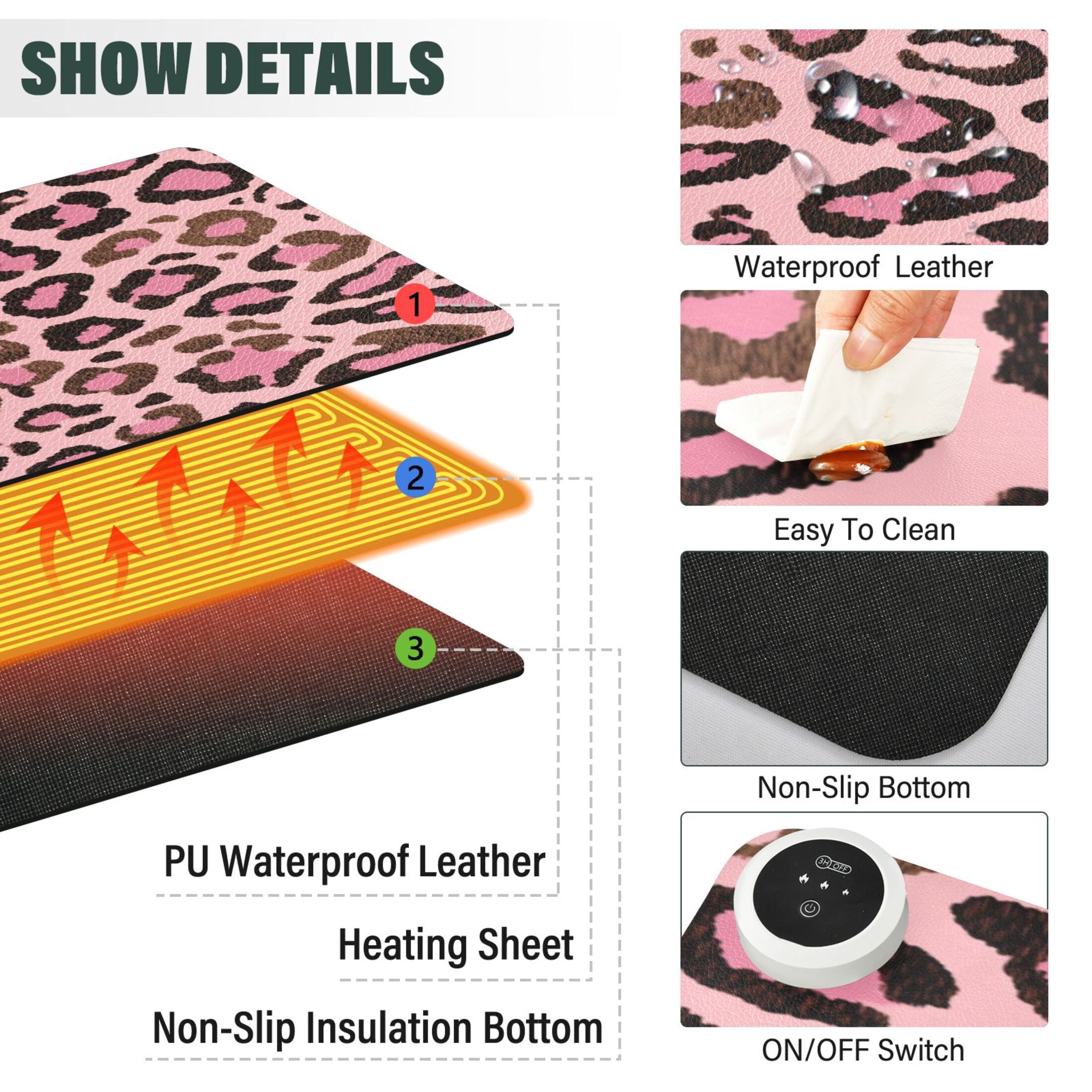 Large Heated Desk Mat Mouse Pad 31.5"x13"PU Leather Graphene Heating Desk Warmer with 3 Temperature Settings 110V US Plug Non-Slip Warm Pad for Home, Office, and Gaming Brushstroke Pink Cheetah Print